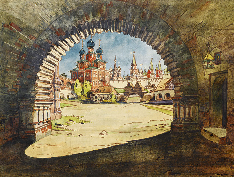 Вид из арки палат Голицына на церковь Параскевы Пятницы в Охотном Ряду и Кремль в XVII веке
