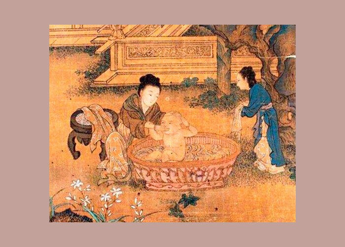 Купание ребенка в ванне с целебными травами. Фрагмент старинной китайской картины