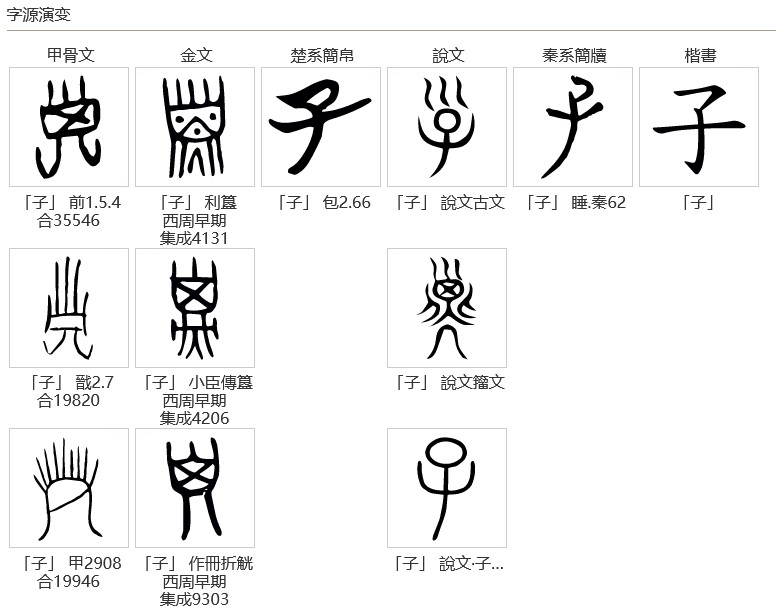 Исторические варианты написания иероглифа цзы 子